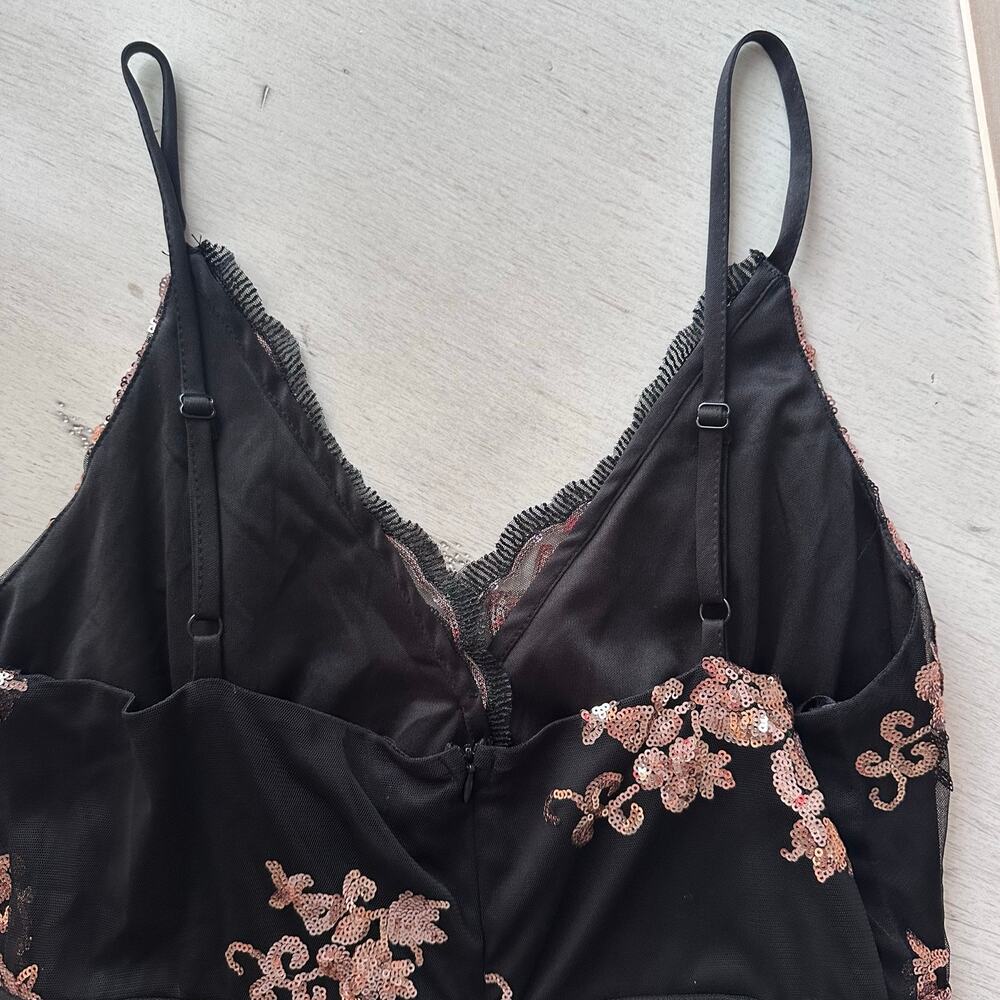 She + Sky Large NWT Black Rose Gold Sequin Maxi Dress Spaghetti Straps Elegant - Picture 8 of 15